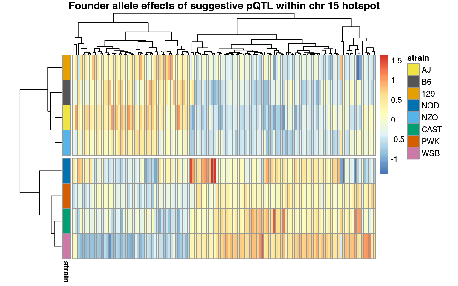 Figure S4A: The allelic split observed in previously described eQTL hotspot on chromosome 15 is also observed for the pQTL hotspot. Heatmap showing haplotype effects at suggestive distant pQTL peaks (LOD > 6) within the chromosome 15 hotspot.
